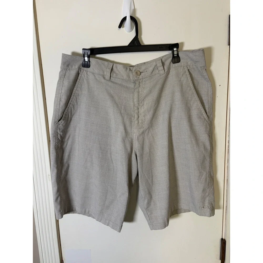 ONeill Mens Hybrid Walk Shorts Grey Tan Glen Plaid Flat Front Casual Shorts